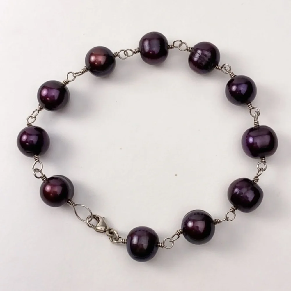 Freshwater Pearls Sterling Bracelet 925 Silver Handcrafted 9-10mm Purple Plum